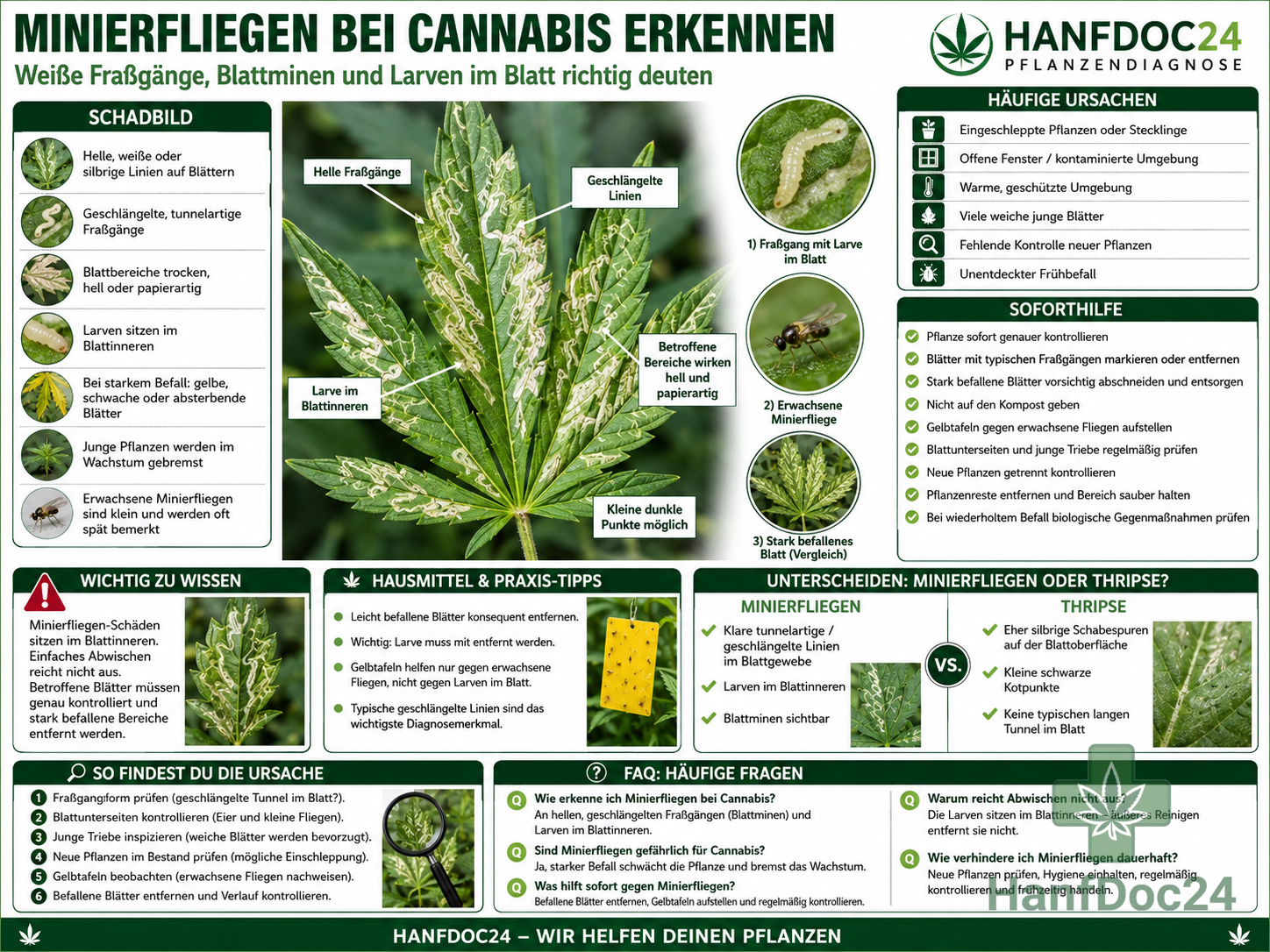 Cannabisblatt mit hellen geschlängelten Fraßgängen durch Minierfliegenlarven im Blattgewebe