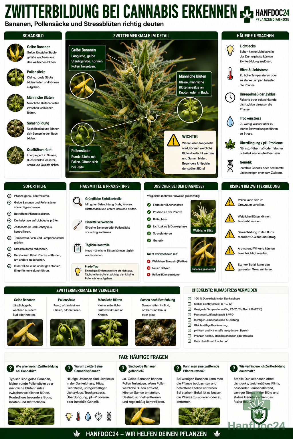 Cannabisblüte mit gelben Bananen, Pollensäcken und männlichen Blütenansätzen als Zeichen für Zwitterbildung durch Stress in der Blütephas