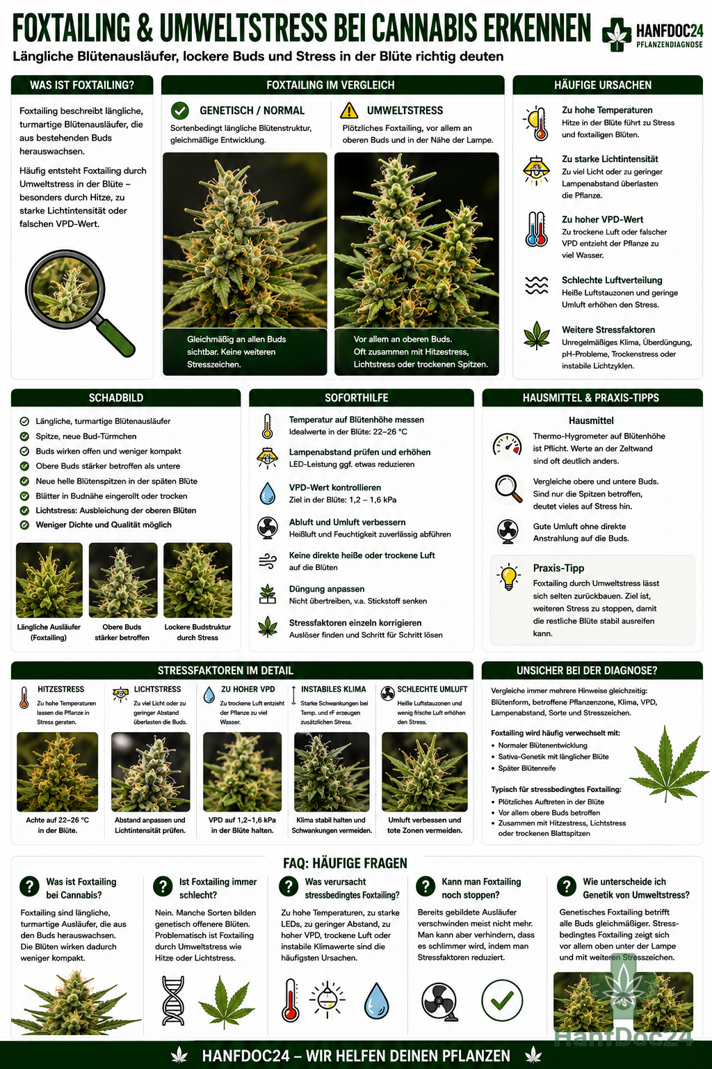 Cannabisblüte mit Foxtailing, länglichen Blütenausläufern, lockerer Bud-Struktur und Stresszeichen durch Hitze, Lichtstress und zu hohen VPD